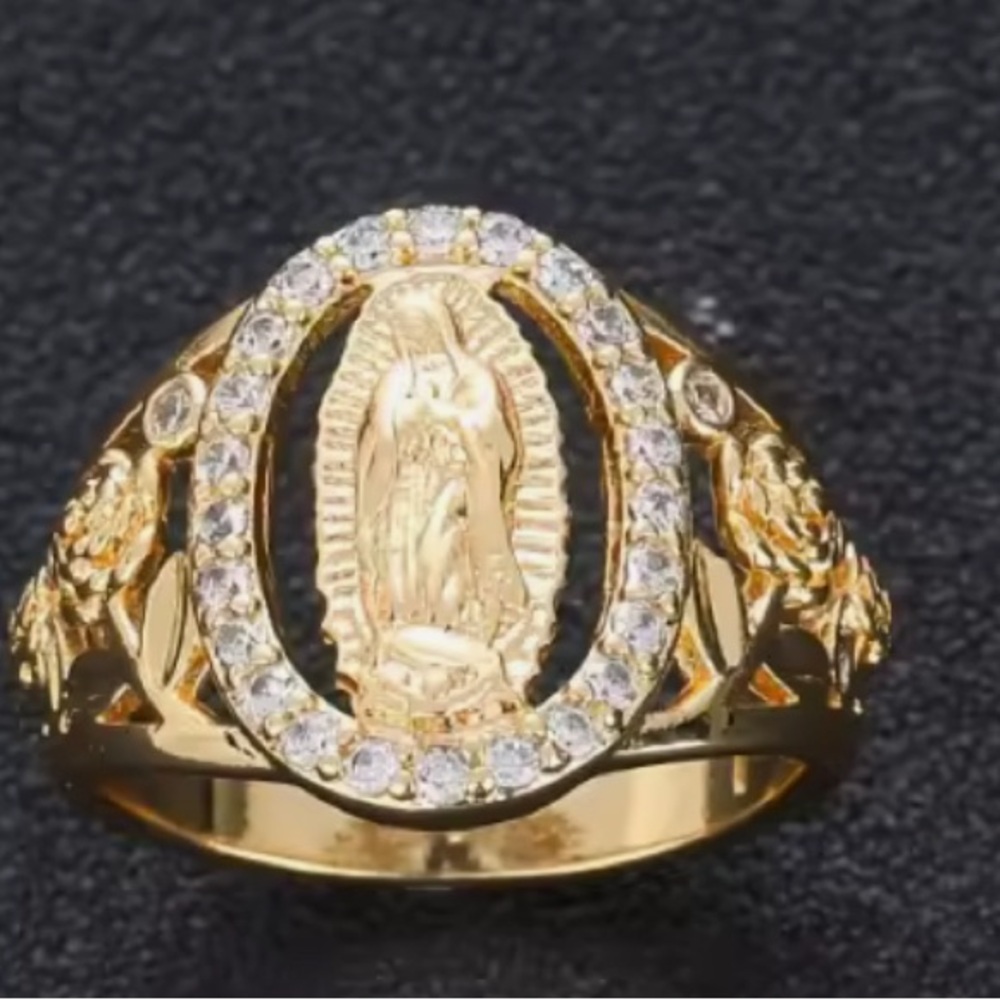 Gold Virgin Mary Ring with Crystals